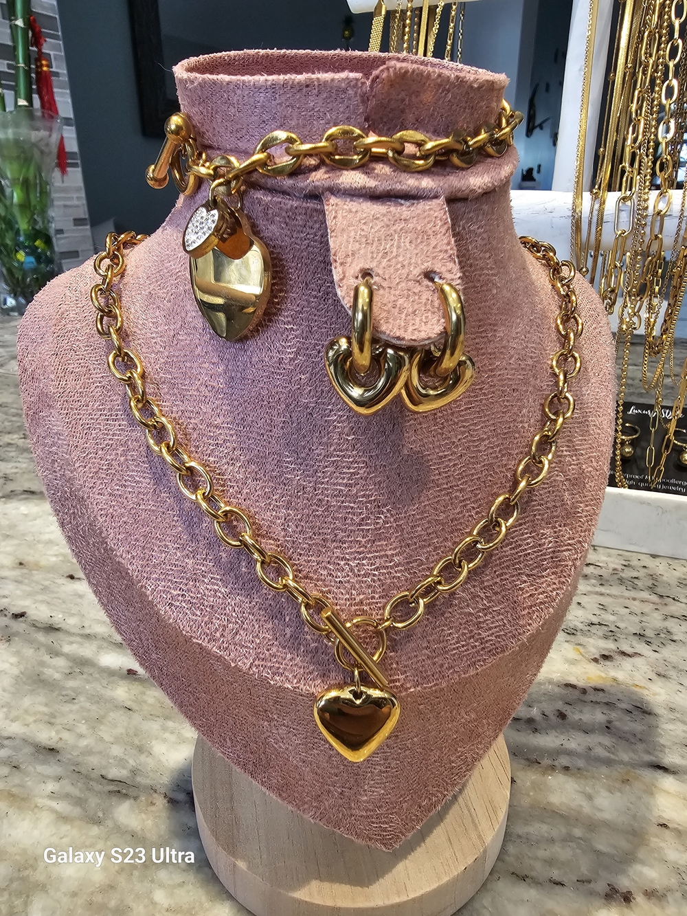 Gold Heart Chain Necklace, Bracelet and Earrings Set